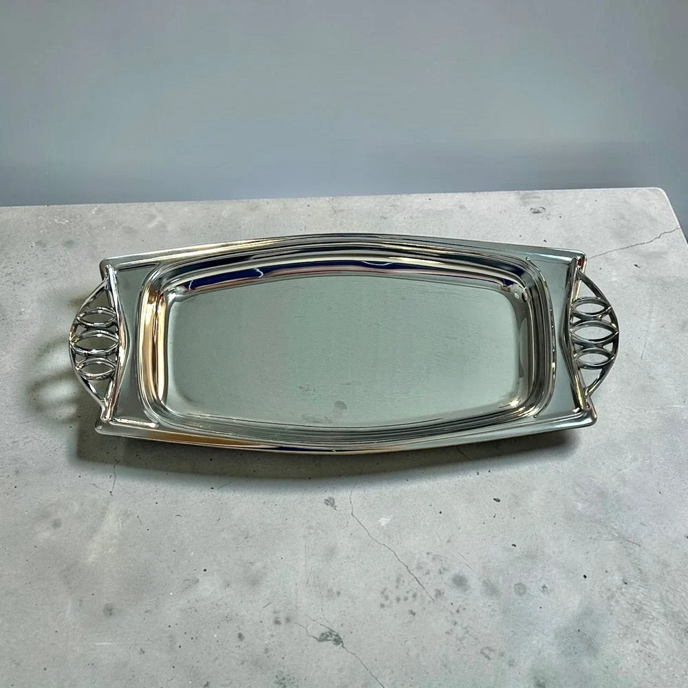 Vintage Art Deco Silver Tone Serving Tray Rectangular Chrome Plated Platter 14